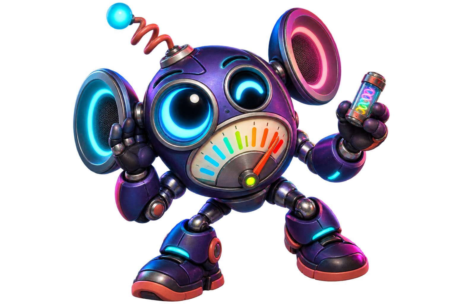 Groanbot, a purple joke-testing robot, listening for a groan